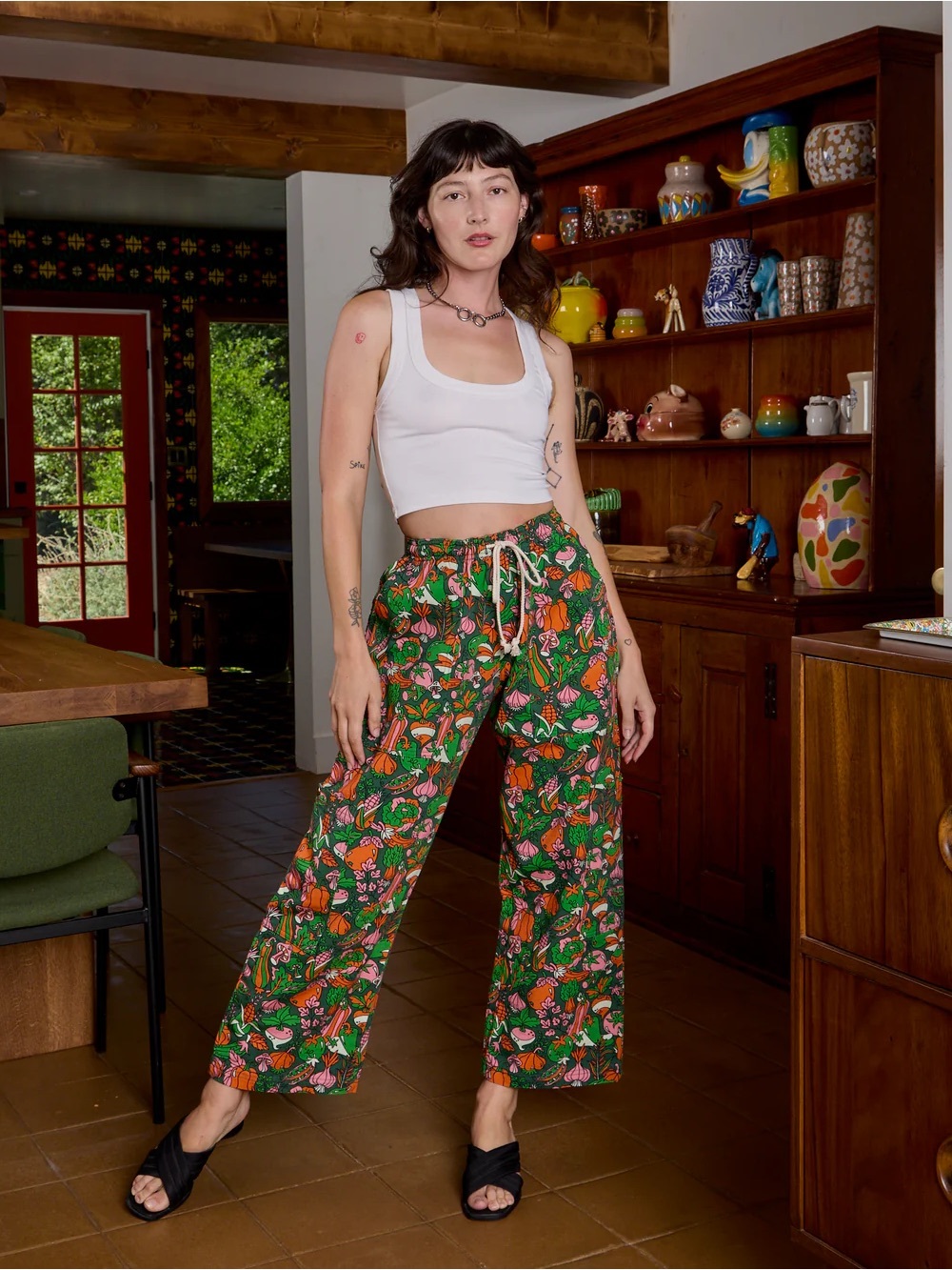 Big Bud Press Drop Pocket Cargo Pant Green Kitchen Print with Drawstring